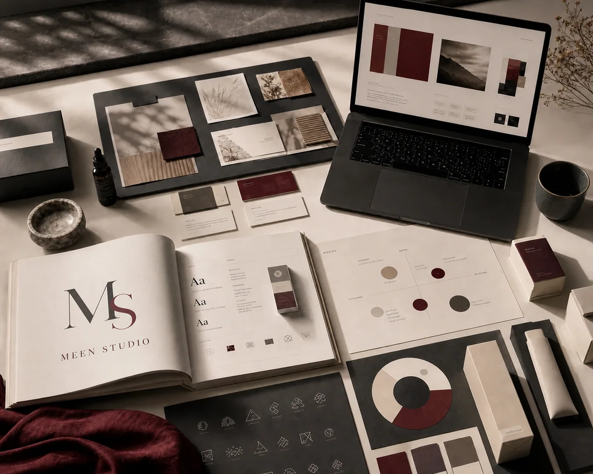 Brand strategy moodboard with tactile materials, packaging and maroon accents