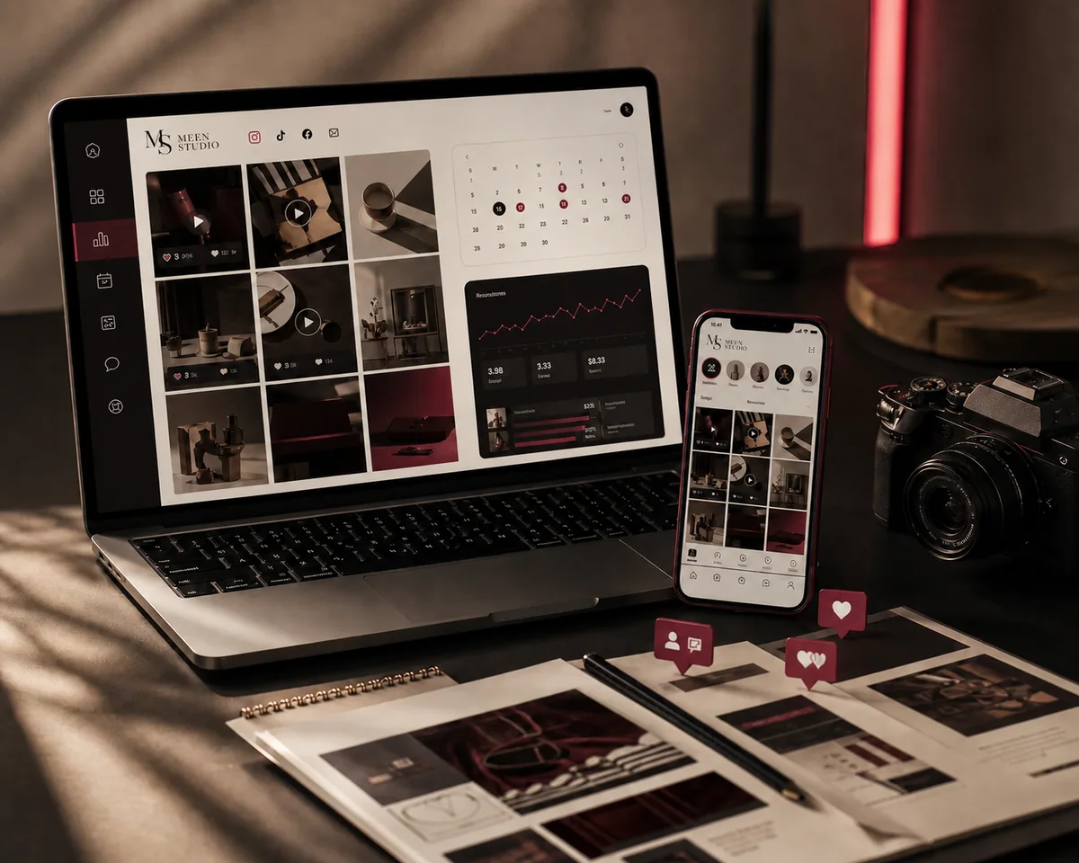 Premium social media campaign production workspace with camera, phone and laptop